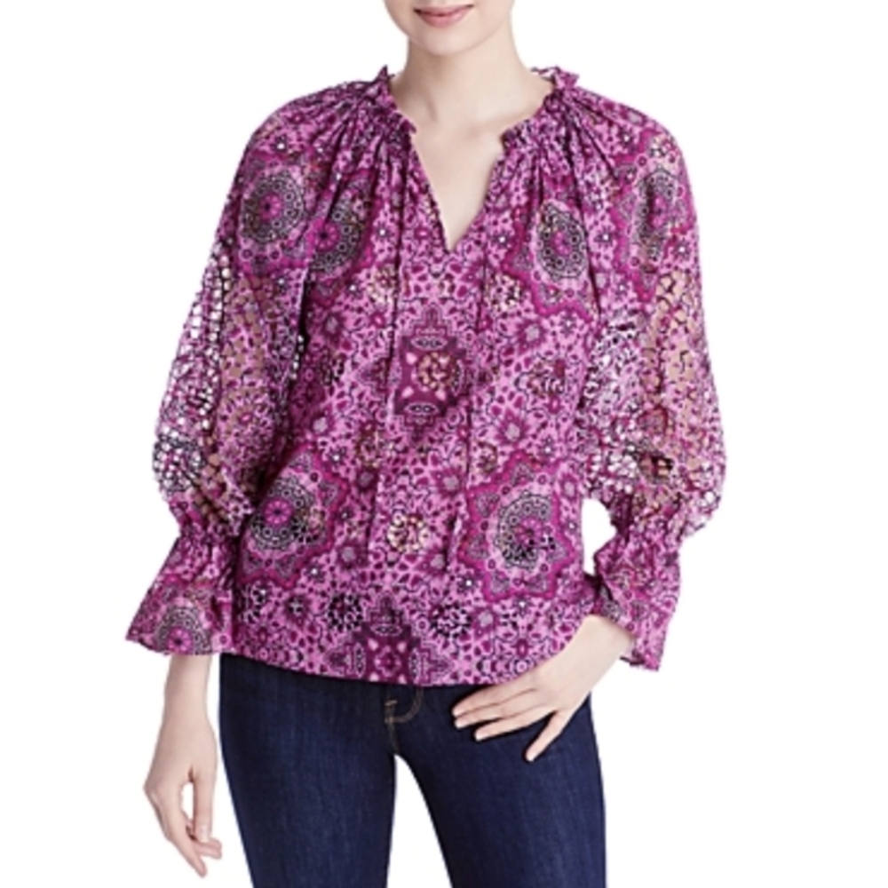 Kobi Halperin Bari Eyelet Peasant Blouse Top Pink Size XS